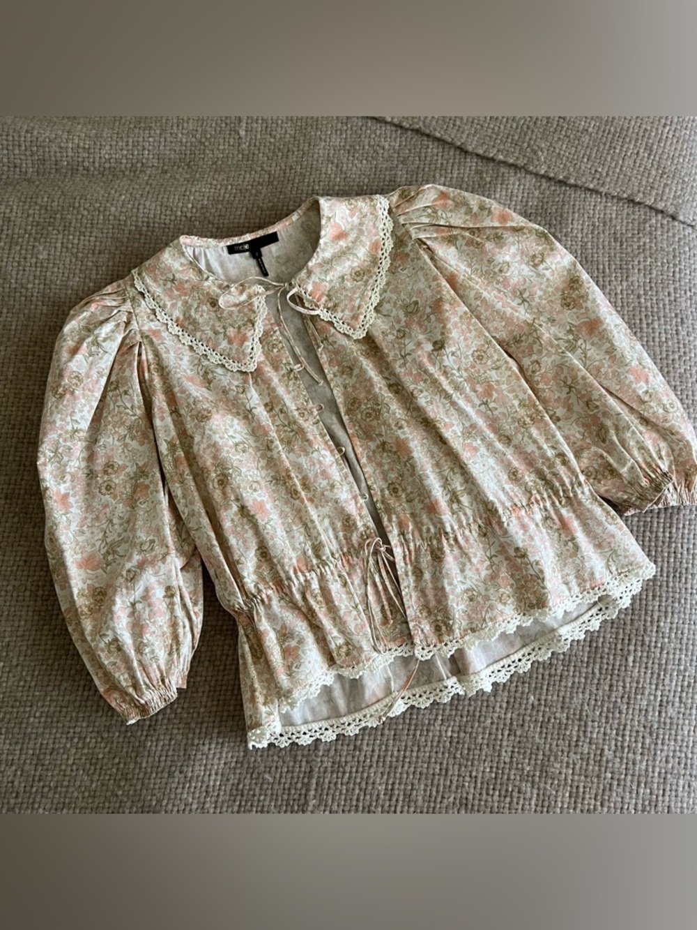 Maje Floral Lace-Trim Puff Sleeve Blouse - Pink/Cream Brand New